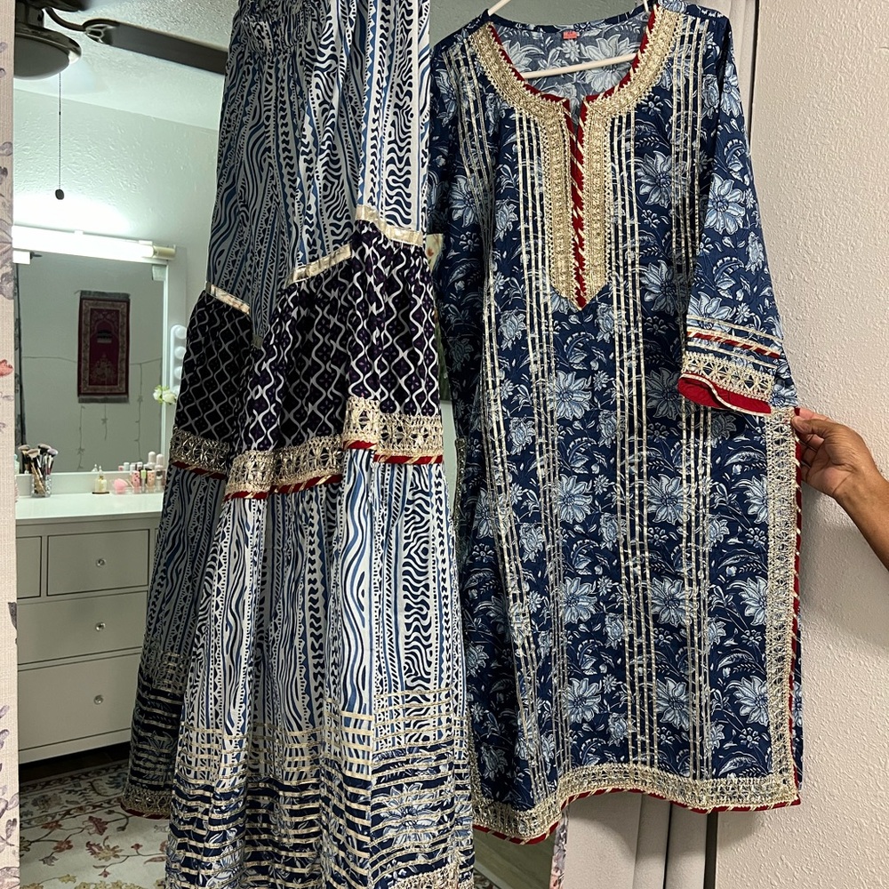 Blue and Cream Patterned Kurta Set